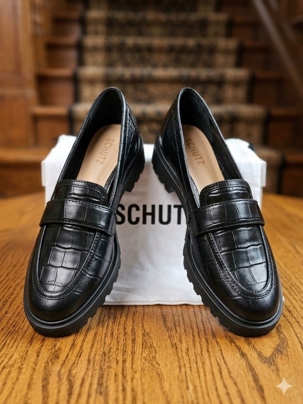 SCHUTZ Black Croc-Embossed Leather Loafers with Dust Bag. Size 9.5